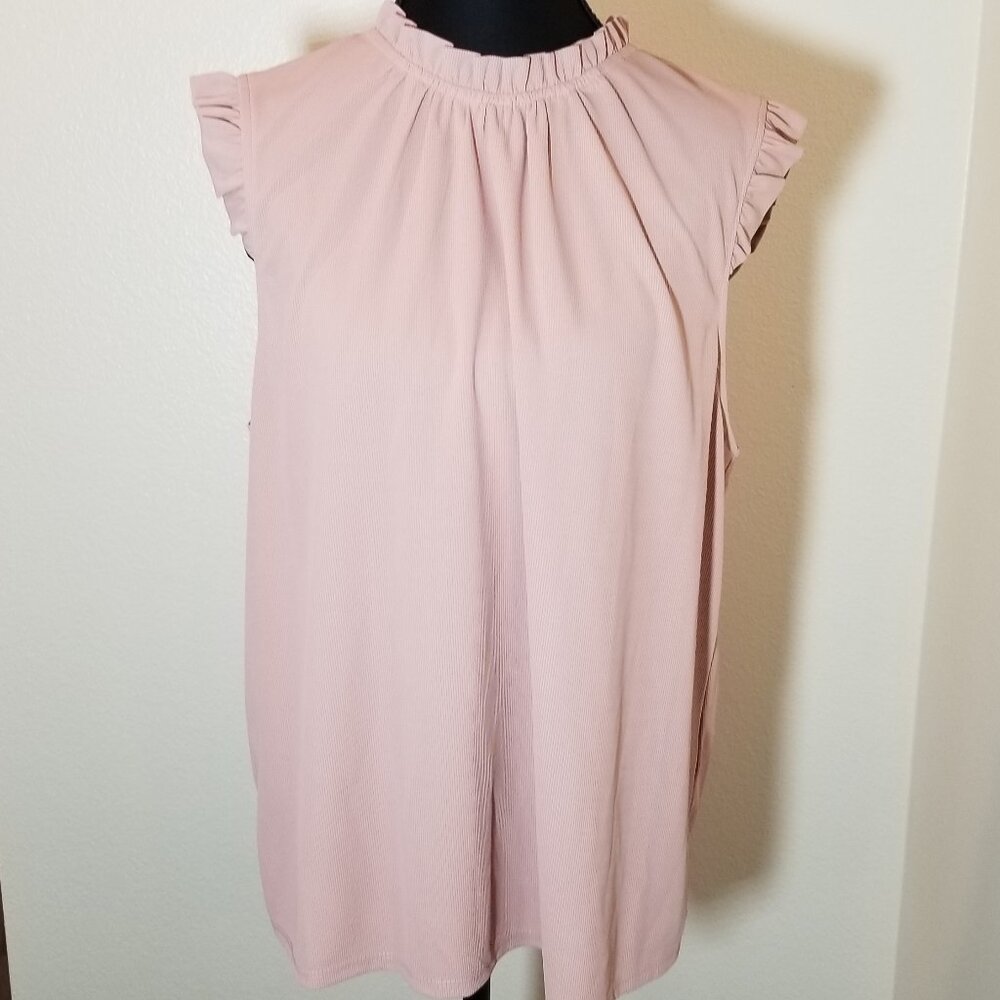 Adrianna Papell Womens Large Soft Pink Ruffle Neck Sleeveless Blouse Office NWT
